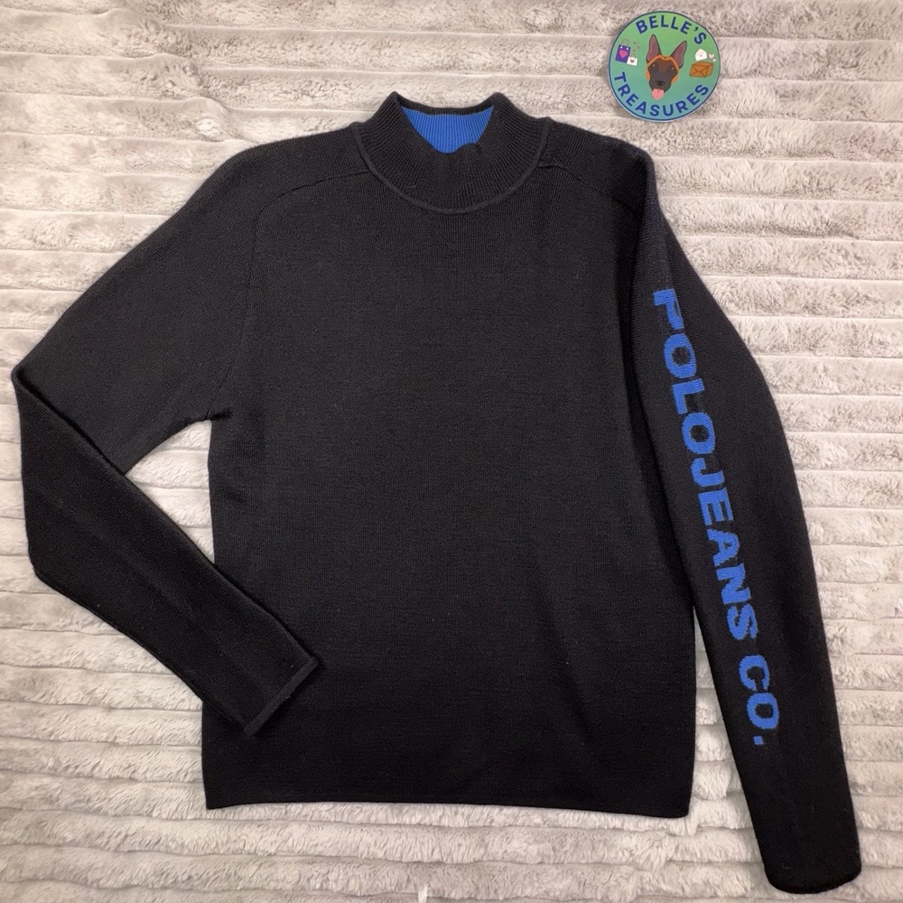 Vintage Ralph Lauren Polo Jeans Co XL Wool Black Sweater‎ Blue Logo Spell Out - Picture 2 of 7